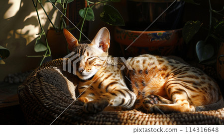 a lazy Ocicat lounging in the sunbeam a lazy Ocicat lounging in the sunbeam 114316648