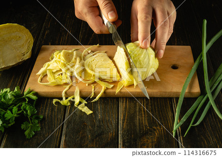 Close-up of a chef hands cutting fresh cabbage with a knife on a cutting board for preparing a vegetarian dish. Peasant food 114316675