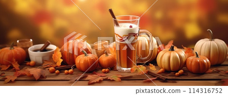 Pumpkin spice latte glass, autumn, pumpkins banner 114316752