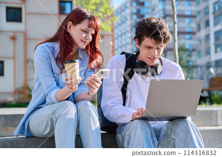 Teenage college students guy and girl talking, sitting outdoor near educational building 114316832