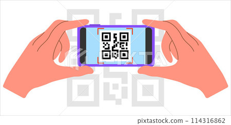 Vector Smartphone scanning QR code concept illustration Two hands holding the phone Vector Smartphone scanning QR code concept illustration Two hands holding the phone 114316862