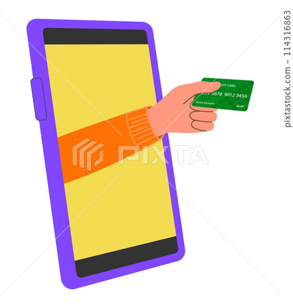 Vector Hand from phone extends plastic bank card for payment Flat style 114316863