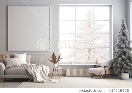 Print mockup in Loft apartment with Christmas tree 114316926