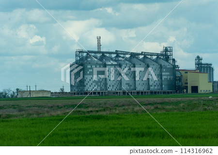 Granary elevator, silver silos on agro manufacturing plant for processing drying cleaning and storage of agricultural products, flour, cereals and grain. A field of green wheat. Granary elevator, silver silos on agro manufacturing plant for processing drying cleaning and storage of agricultural products, flour, cereals and grain. A field of green wheat. 114316962
