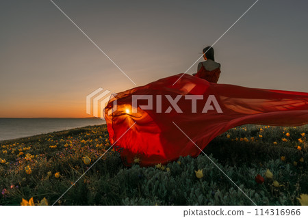 A woman in a red dress is standing in a field with the sun setting behind her. She is reaching up with her arms outstretched, as if she is trying to catch the sun. The scene is serene and peaceful. A woman in a red dress is standing in a field with the sun setting behind her. She is reaching up with her arms outstretched, as if she is trying to catch the sun. The scene is serene and peaceful. 114316966
