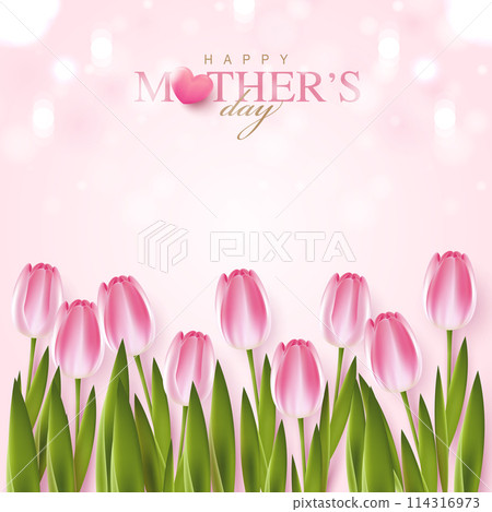 Happy Mother's Day with beautiful flowers tulips and hearts on pink background. illustration for greeting card, ad, promotion, poster, flier, blog, article, social media, marketing. vector design. 114316973