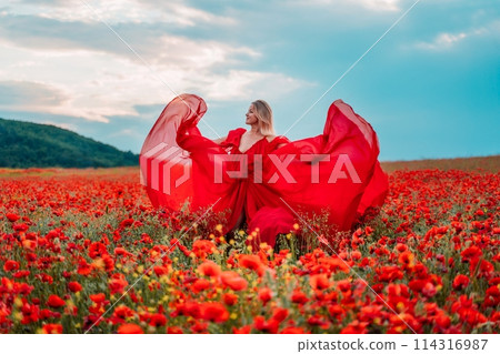 Woman poppy field red dress. Happy woman in a long red dress in a beautiful large poppy field. Blond stands with her back posing on a large field of red poppies Woman poppy field red dress. Happy woman in a long red dress in a beautiful large poppy field. Blond stands with her back posing on a large field of red poppies 114316987