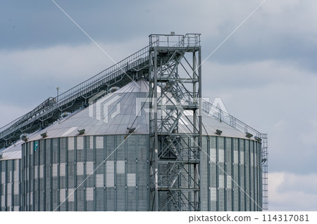 Granary elevator, silver silos on agro manufacturing plant for processing drying cleaning and storage of agricultural products, flour, cereals and grain. Large iron barrels of grain. Granary elevator, silver silos on agro manufacturing plant for processing drying cleaning and storage of agricultural products, flour, cereals and grain. Large iron barrels of grain. 114317081
