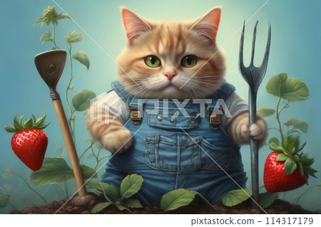 a cat in denim overalls is doing gardening, planting a strawberry bush, with a shovel 114317179