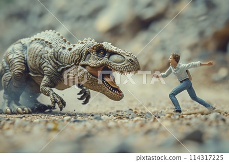 a man with dinosaurs running around on a desert field 114317225