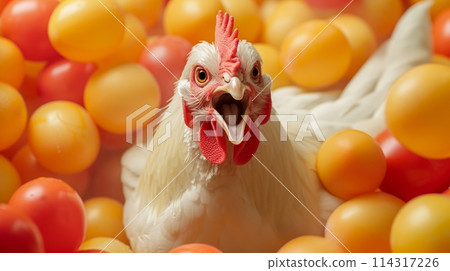 a white chicken surrounded by several red balls in a basket 114317226