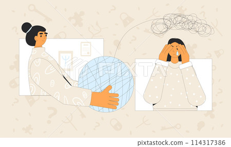 Online psychotherapy teenager concept. Psychology consultation about emotions. Private psychotherapy sessions. Crying teen girl talking to psychotherapist. Vector flat outline illustration. 114317386