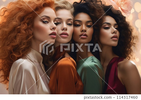 Portrait of diverse group of beautiful women with natural beauty and glowing smooth skin 114317460