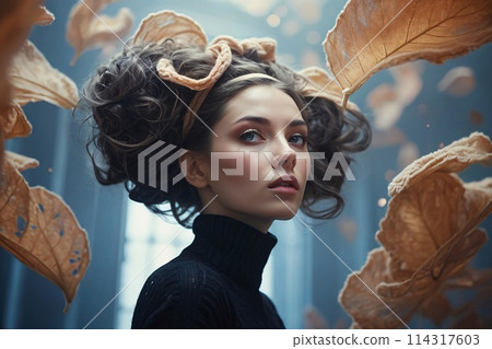 Surreal Closeup Portrait of an attractive young woman, a lot of levitating luminous leafs 114317603