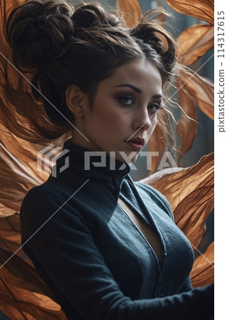 Surreal Closeup Portrait of an attractive young woman, a lot of levitating luminous leafs 114317615