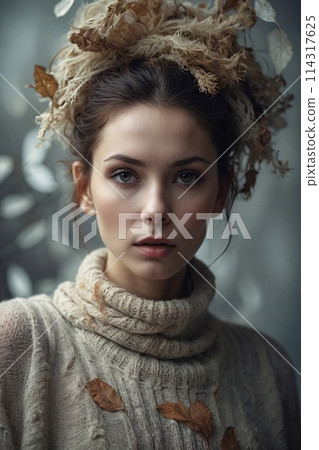 Surreal Closeup Portrait of an attractive young woman, a lot of levitating luminous leafs Surreal Closeup Portrait of an attractive young woman, a lot of levitating luminous leafs 114317625