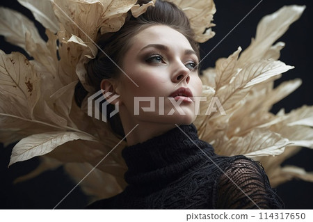 Surreal Closeup Portrait of an attractive young woman, a lot of levitating luminous leafs 114317650