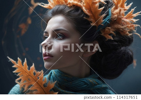 Surreal Closeup Portrait of an attractive young woman, a lot of levitating luminous leafs Surreal Closeup Portrait of an attractive young woman, a lot of levitating luminous leafs 114317651