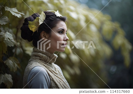 Surreal Closeup Portrait of an attractive young woman, a lot of levitating luminous leafs 114317660