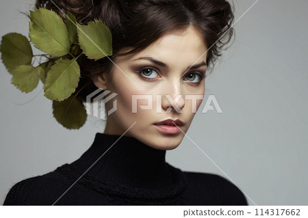Surreal Closeup Portrait of an attractive young woman, a lot of levitating luminous leafs 114317662