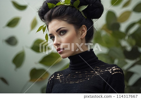 Surreal Closeup Portrait of an attractive young woman, a lot of levitating luminous leafs Surreal Closeup Portrait of an attractive young woman, a lot of levitating luminous leafs 114317667