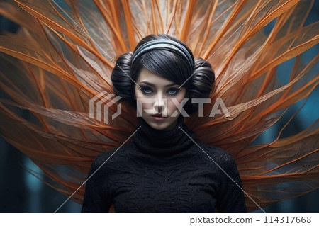 Surreal Closeup Portrait of an attractive young woman, a lot of levitating luminous leafs Surreal Closeup Portrait of an attractive young woman, a lot of levitating luminous leafs 114317668