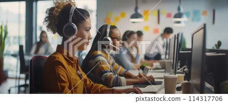 Group of People Sitting at Desk With Headphones 114317706
