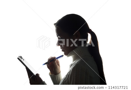Young woman thoughtfully writes, draws, writes 114317721