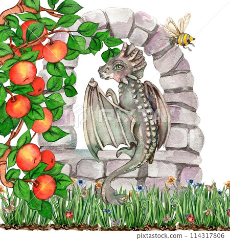 Watercolor hand drawn tropical cute dinosaurs composition. Dino illustration perfect for design, wallpaper, scrapbooking, invitation, wedding or greetings card. 114317806
