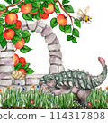 Watercolor hand drawn tropical cute dinosaurs composition. Dino illustration perfect for design, wallpaper, scrapbooking, invitation, wedding or greetings card. 114317808