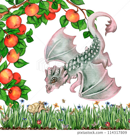 Watercolor hand drawn tropical cute dinosaurs composition. Dino illustration perfect for design, wallpaper, scrapbooking, invitation, wedding or greetings card. 114317809