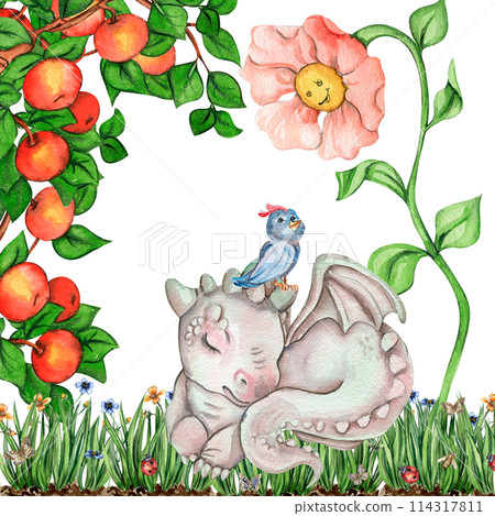 Watercolor hand drawn tropical cute dinosaurs composition. Dino illustration perfect for design, wallpaper, scrapbooking, invitation, wedding or greetings card. 114317811