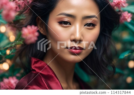 Japanese beautiful woman portrait with smooth health skin face for advertising design. Fit asian beautiful aging young looking woman. 114317844