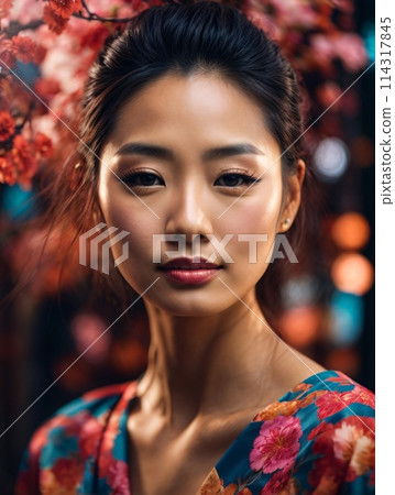 Japanese beautiful woman portrait with smooth health skin face for advertising design. Fit asian beautiful aging young looking woman. 114317845