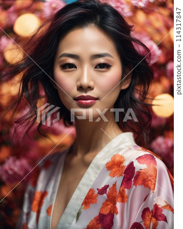 Japanese beautiful woman portrait with smooth health skin face for advertising design. Fit asian beautiful aging young looking woman. Japanese beautiful woman portrait with smooth health skin face for advertising design. Fit asian beautiful aging young looking woman. 114317847