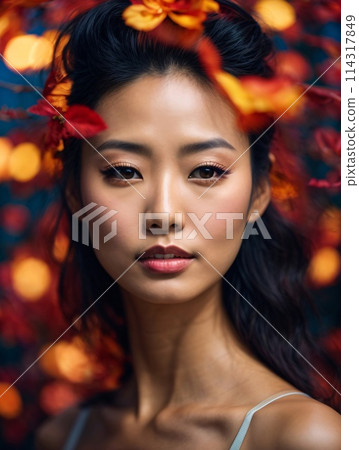 Japanese beautiful woman portrait with smooth health skin face for advertising design. Fit asian beautiful aging young looking woman. Japanese beautiful woman portrait with smooth health skin face for advertising design. Fit asian beautiful aging young looking woman. 114317849
