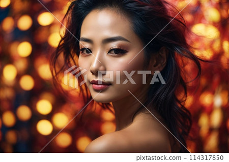 Japanese beautiful woman portrait with smooth health skin face for advertising design. Fit asian beautiful aging young looking woman. Japanese beautiful woman portrait with smooth health skin face for advertising design. Fit asian beautiful aging young looking woman. 114317850