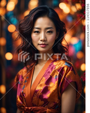 Japanese beautiful woman portrait with smooth health skin face for advertising design. Fit asian beautiful aging young looking woman. 114317856