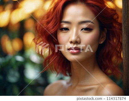 Japanese beautiful woman portrait with smooth health skin face for advertising design. Fit asian beautiful aging young looking woman. 114317874