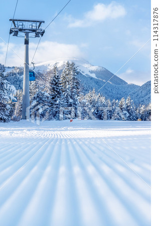Groomed ski run and mountains, Bansko, Bulgaria 114317876