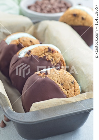 Mint chocolate chips ice cream and chocolate chips cookies sandwiches, vertical 114318057