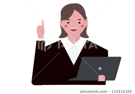 一位女商人拿著電腦並給予解釋。向量圖 114318168