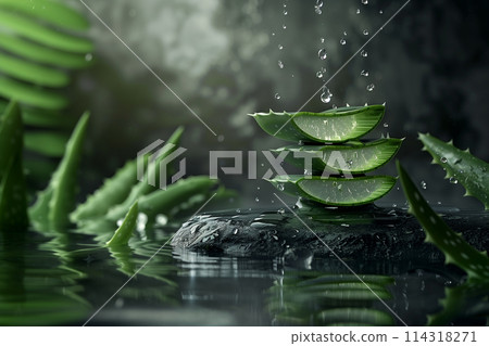 Aloe vera and water drops give a refreshing, juicy feeling. on a white background Aloe vera and water drops give a refreshing, juicy feeling. on a white background 114318271