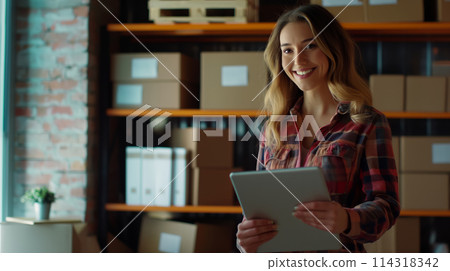 Woman Checking Tablet in Warehouse 114318342
