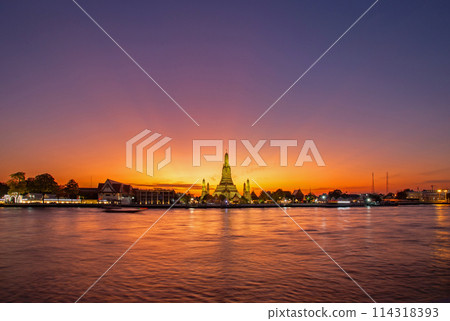 Wat Arun Ratchawararam Ratchawaramahawihan at sunset in bangkok Thailand. Landmark of Along the Chao Phraya River Thailand 114318393