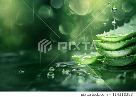 Aloe vera and water drops give a refreshing, juicy feeling. on a white background Aloe vera and water drops give a refreshing, juicy feeling. on a white background 114318398