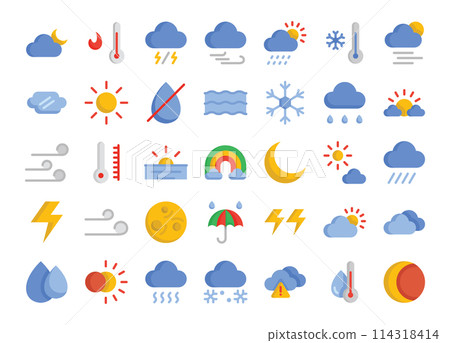 Weather flat icons set. The collection includes in business, UI UX, social media and website. Weather flat icons set. The collection includes in business, UI UX, social media and website. 114318414