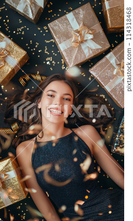 Woman in Sunglasses Amidst Gold Confetti 114318468