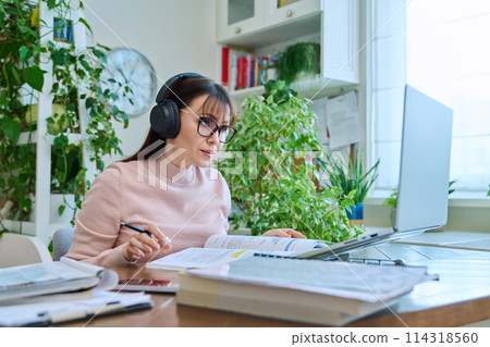 Woman teacher in headphones with textbook working online using computer 114318560