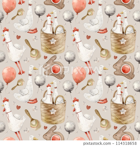 Watercolor pattern with baby toys, plush goose and rooster, balloons, wooden rattles and basket on a gray background. Isolated hand drawn illustration for children's interior, cards, textile, design. 114318658